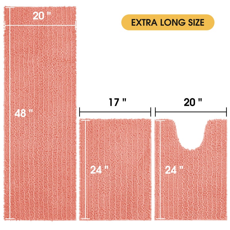 ACCUMTEK Upgrade Extra Large Coral Bathroom Rug Set 3 Pieces Ultra Soft, Thick Absorbent Bath Mats, Non Slip Chenille Toilet Mat for Bathroom, Bedroom, Kitchen - Image 5