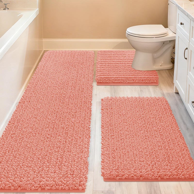 ACCUMTEK Upgrade Extra Large Coral Bathroom Rug Set 3 Pieces Ultra Soft, Thick Absorbent Bath Mats, Non Slip Chenille Toilet Mat for Bathroom, Bedroom, Kitchen - Image 1