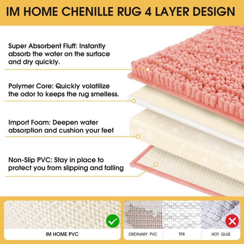 ACCUMTEK Upgrade Extra Large Coral Bathroom Rug Set 3 Pieces Ultra Soft, Thick Absorbent Bath Mats, Non Slip Chenille Toilet Mat for Bathroom, Bedroom, Kitchen - Image 4