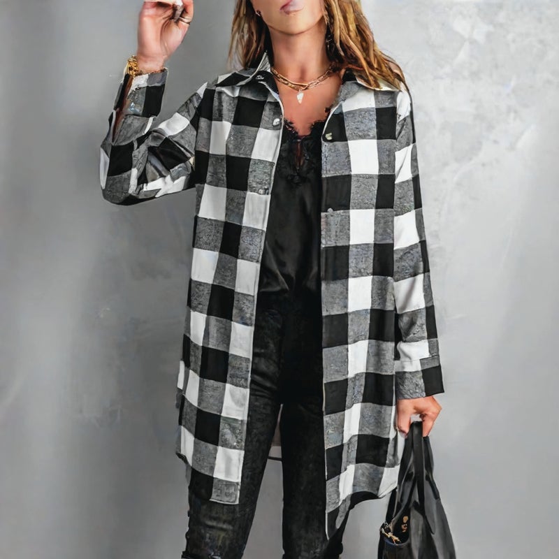 Women's Plaid Long Sleeve Shirt Jacket Mid-Length Outerwear - Image 3