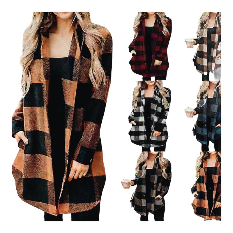 Women's Plaid Long Sleeve Shirt Jacket Mid-Length Outerwear - Image 1