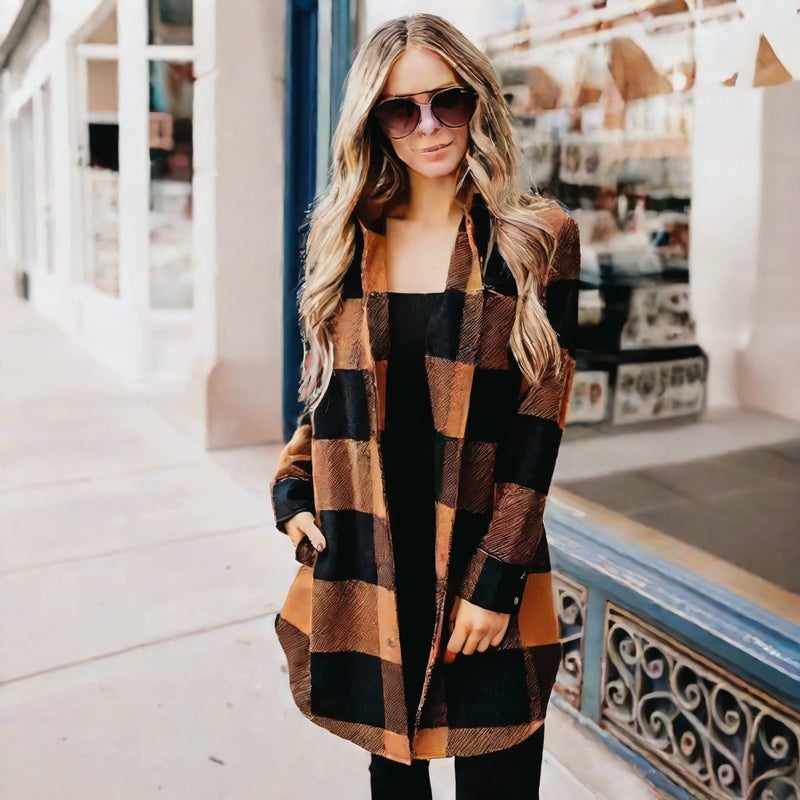 Women's Plaid Long Sleeve Shirt Jacket Mid-Length Outerwear - Image 4