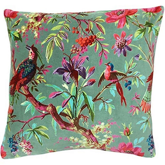 Riva Paoletti Paradise Square Cushion Cover Mineral Blue Colourful Bird Print Velvet Fabric Machine Washable 100 Cotton 50 x 50cm 20 x 20 inches