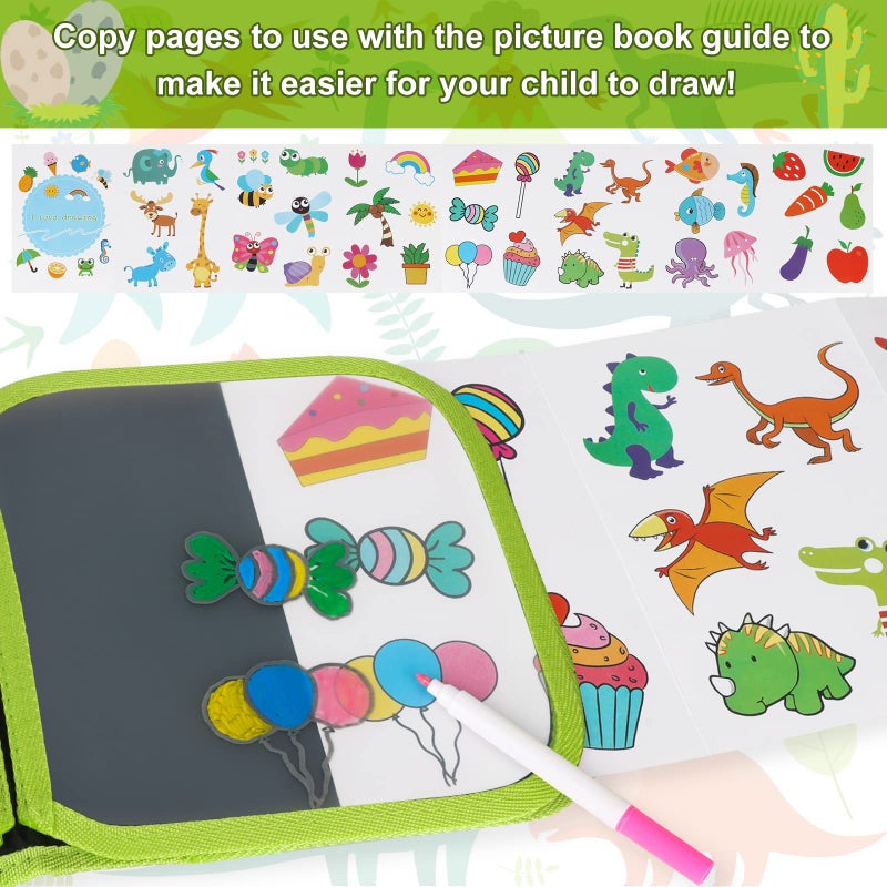 مجموعة رسومات الشعار المبتكرة القابلة للمسح للأطفال من Qrytoi - كتاب رسم سحري قابل لإعادة الاستخدام مع 12 قلم ألوان مائية 14 صفحة رسم رحلة الطريق لعبة السيارة مجموعة رسم للأولاد والبنات (أخضر) - Image 3
