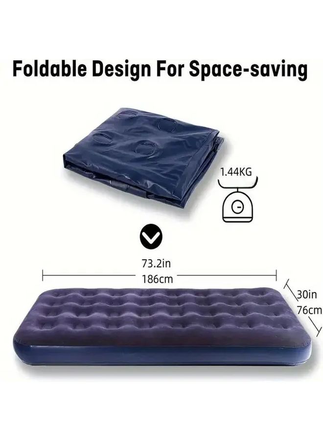 Dark Blue Single Person Foldable Air Mattress Quilted Top Portable Durable Inflatable Sleeping Pad for Camping Home Travel Rectangular Non Electric Nylon Fabric - Image 3