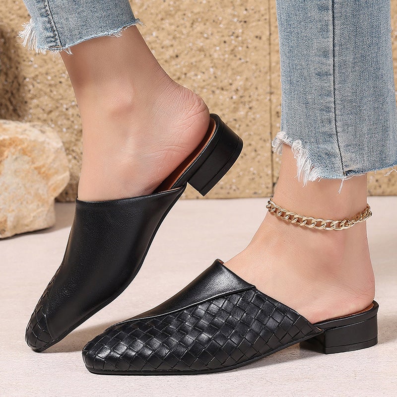 Wish Source Casual Low Heel Woven 40-45 Pointed Small Square Simple Outdoor Slippers For Women - Image 2