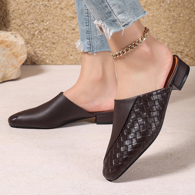Wish Source Casual Low Heel Woven 40-45 Pointed Small Square Simple Outdoor Slippers For Women - Image 3
