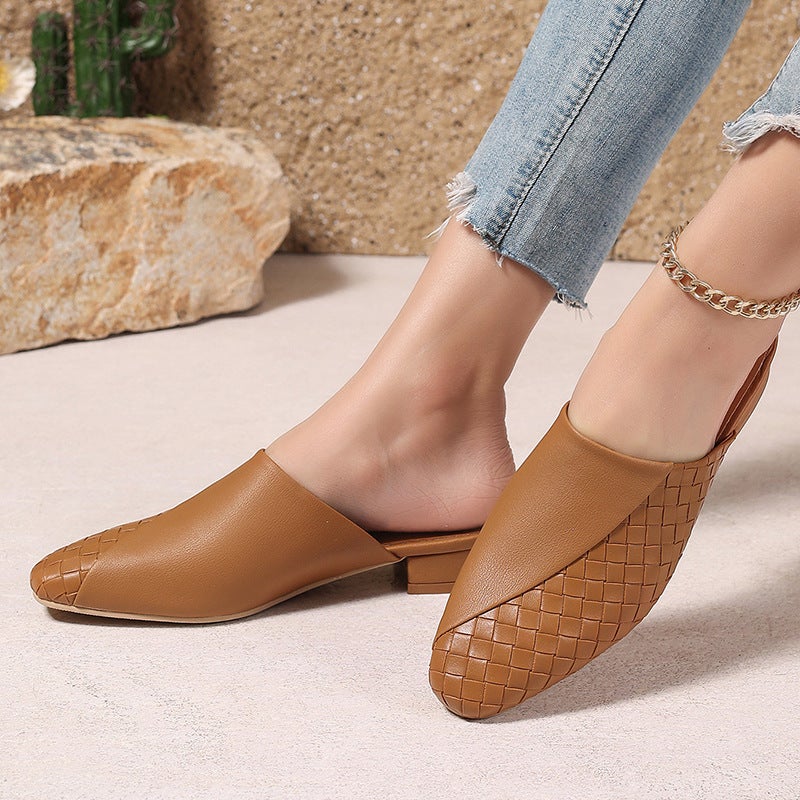 Wish Source Casual Low Heel Woven 40-45 Pointed Small Square Simple Outdoor Slippers For Women - Image 4