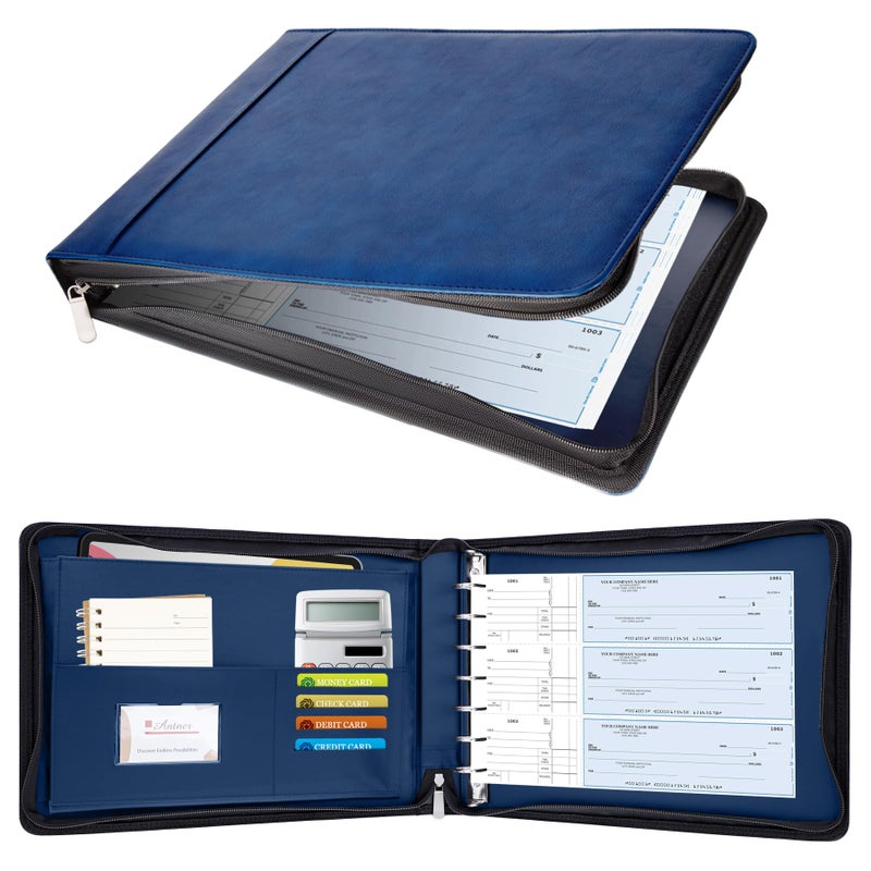 Antner Zippered 7 Ring Business Check Binder Portfolio for 3-Up Business Size Checks, PU Leather 7 Ring Checkbook Binder 600 Checks Capacity for 9" x 13" Sheets, Built-in Storage Organizer, Navy Blue - Image 1