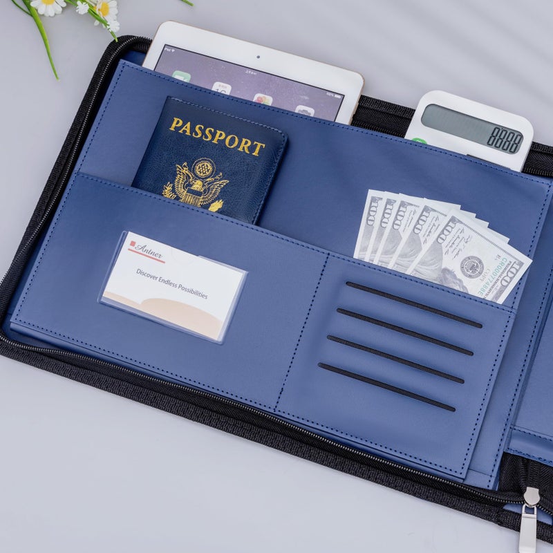 Antner Zippered 7 Ring Business Check Binder Portfolio for 3-Up Business Size Checks, PU Leather 7 Ring Checkbook Binder 600 Checks Capacity for 9" x 13" Sheets, Built-in Storage Organizer, Navy Blue - Image 5