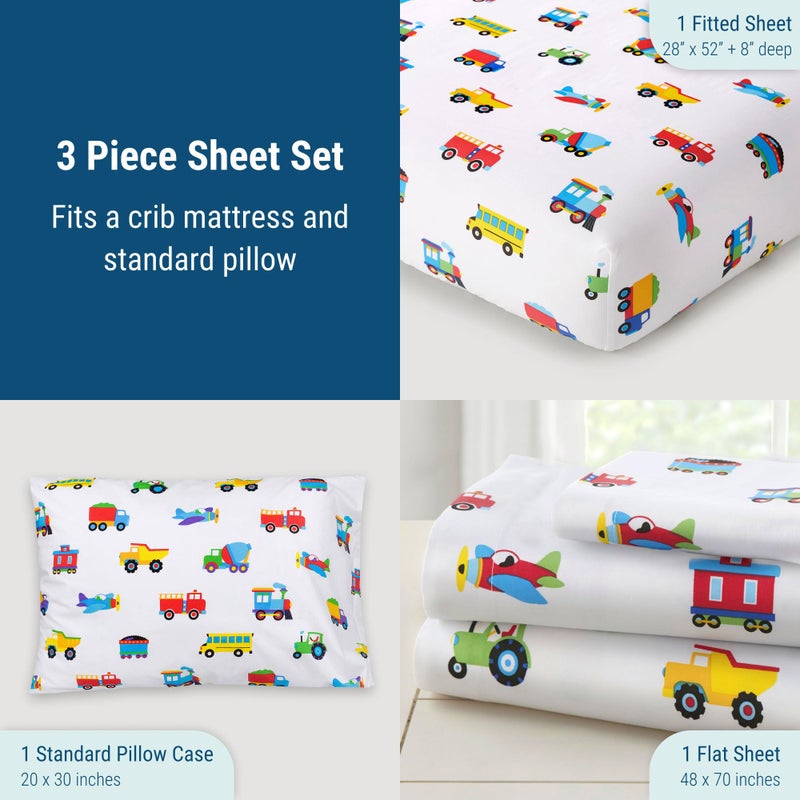 Wildkin 100% Cotton Toddler Sheet Set - Soft & Cozy Bed Sheets - Trains, Planes, and Trucks - Image 4
