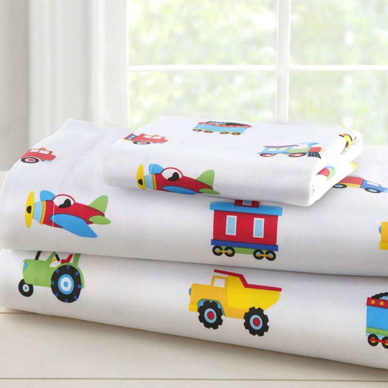 Wildkin 100% Cotton Toddler Sheet Set - Soft & Cozy Bed Sheets - Trains, Planes, and Trucks - Image 1