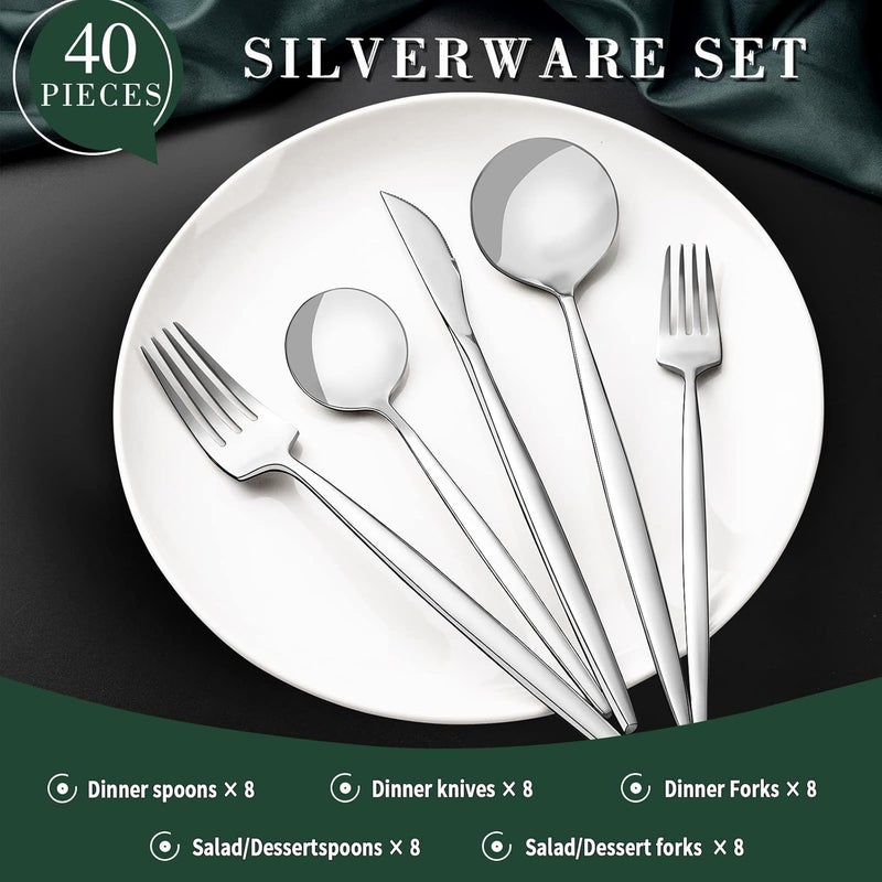 CEKEE 40-Piece Silverware Set for 8, Stainless Steel Flatware Cutlery Set Included Knife Spoon and Fork, Kitchen Utensils Set for Home Hotel Wedding Restaurant - Mirror Polished & Dishwasher Safe - Image 2