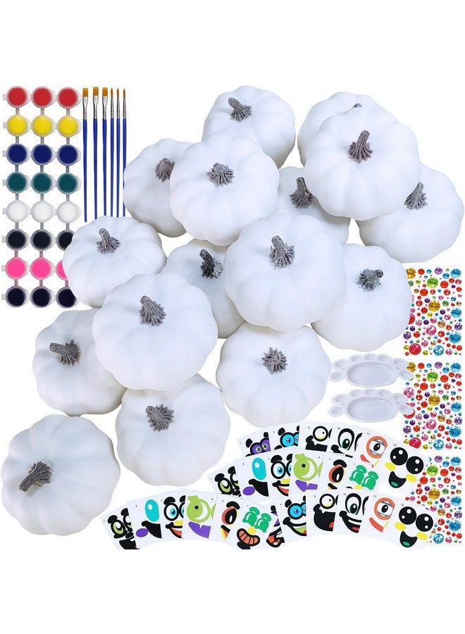Winlyn Winlyn 16 Sets 3" DIY Fall Pumpkin Painting Kits Paint Your Own Pumpkins White Foam Craft Pumpkins with Jack-O-Lantern Face Stickers for Classroom Thanksgiving Halloween Decor Holiday Party Activities  - Image 1