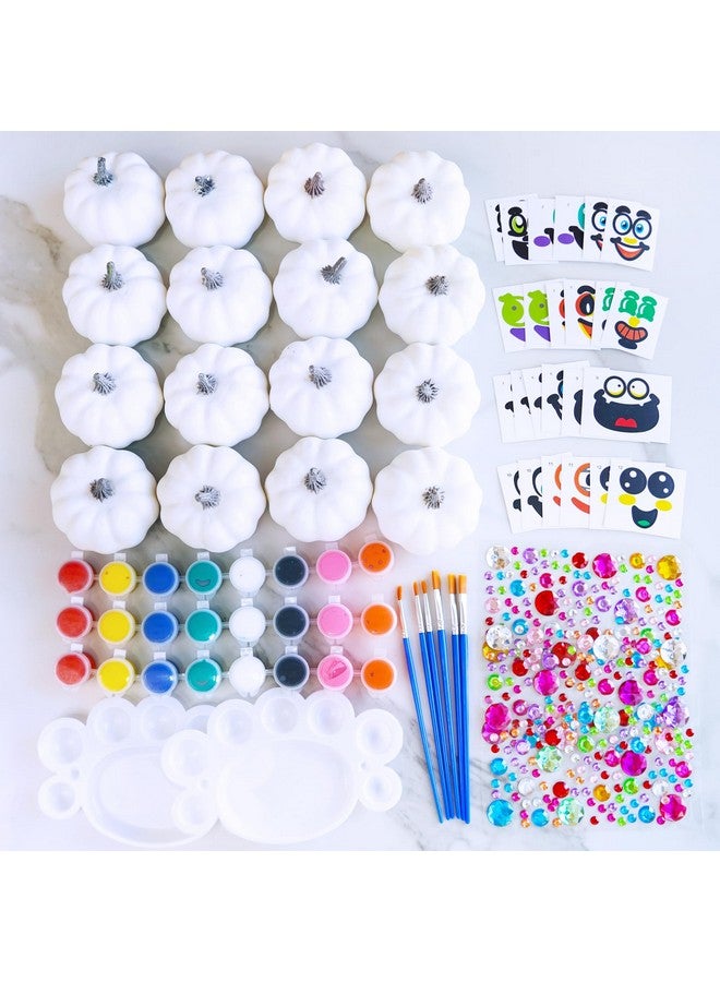 Winlyn Winlyn 16 Sets 3" DIY Fall Pumpkin Painting Kits Paint Your Own Pumpkins White Foam Craft Pumpkins with Jack-O-Lantern Face Stickers for Classroom Thanksgiving Halloween Decor Holiday Party Activities  - Image 3