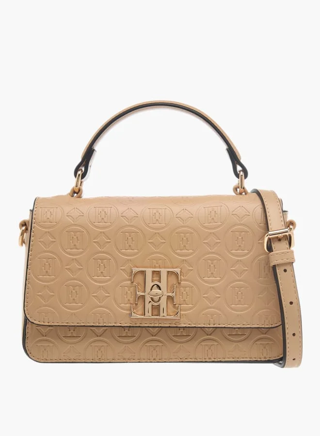 ELLE Womens Monogram Embossed Crossbody Bag With Top Handle And Adjustable Strap