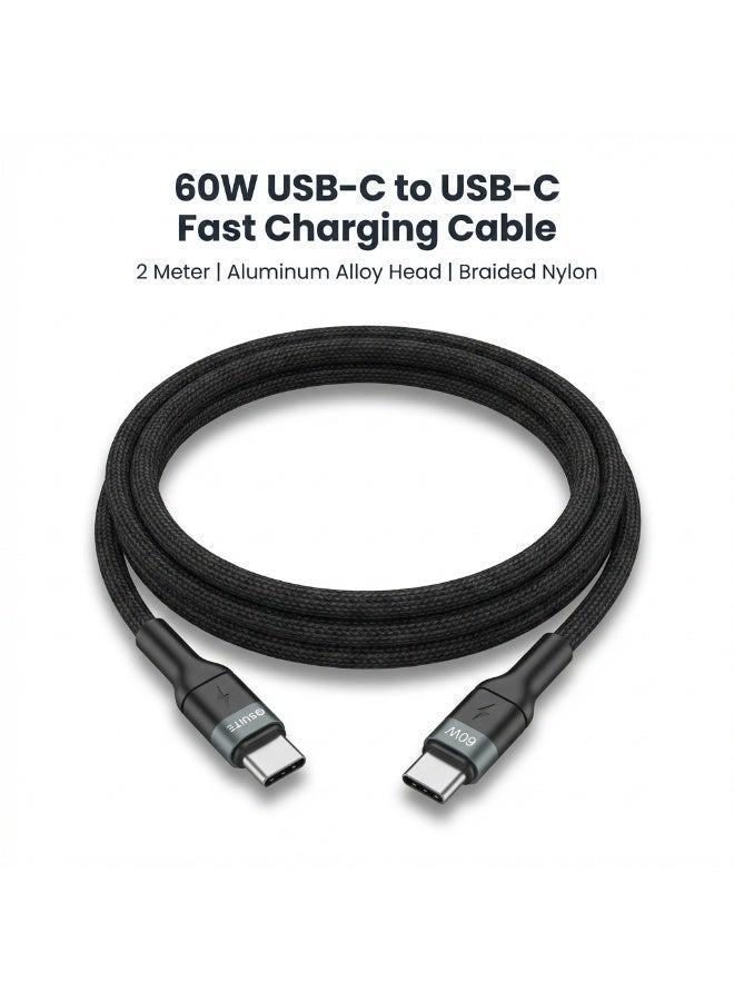 io suite iOsuite USB-C to USB-C Cable 60W Fast Charging 2M, Aluminum Alloy Head, Braided Nylon, Power Delivery Cable for iPhone 17/16/15, iPad, MacBook, Samsung, Laptop – Black - Image 2