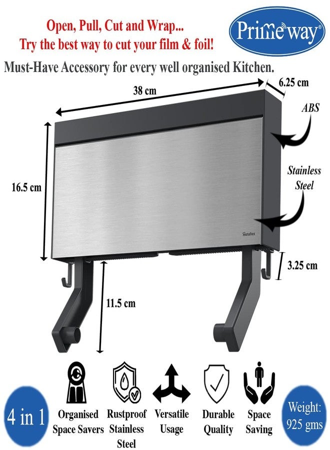 Primeway® Stainless Steel + Plastic 4 in 1 Tango INOX Wall-Mounted Kitchen Rolls Dispenser Holder for Film, Foil, Paper with Multi Utility Spices/Storage Rack & 6 Hooks, Grey - Image 3