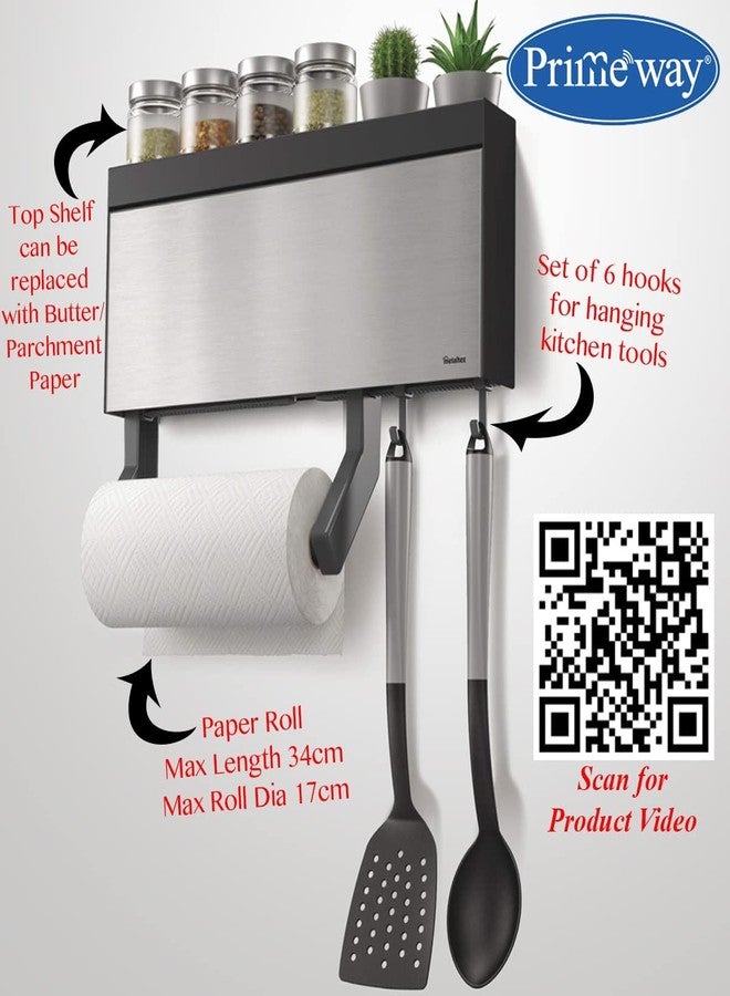 Primeway® Stainless Steel + Plastic 4 in 1 Tango INOX Wall-Mounted Kitchen Rolls Dispenser Holder for Film, Foil, Paper with Multi Utility Spices/Storage Rack & 6 Hooks, Grey - Image 5
