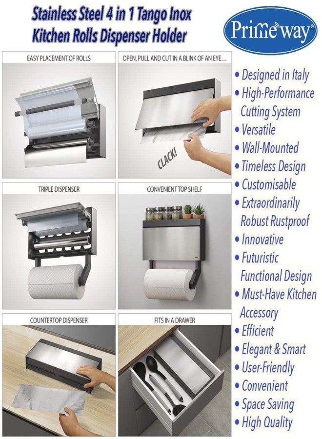 Primeway® Stainless Steel + Plastic 4 in 1 Tango INOX Wall-Mounted Kitchen Rolls Dispenser Holder for Film, Foil, Paper with Multi Utility Spices/Storage Rack & 6 Hooks, Grey - Image 4