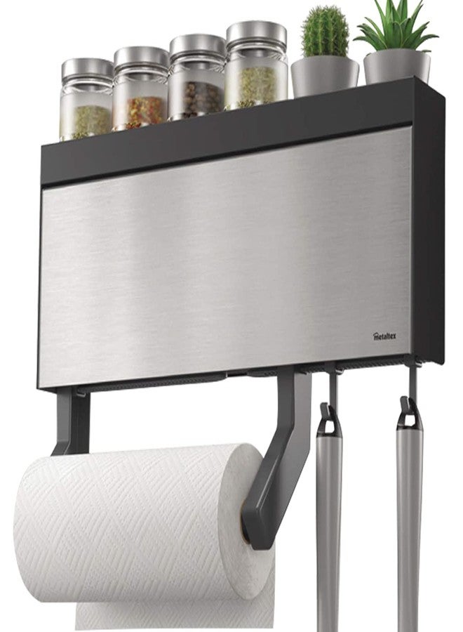 Primeway® Stainless Steel + Plastic 4 in 1 Tango INOX Wall-Mounted Kitchen Rolls Dispenser Holder for Film, Foil, Paper with Multi Utility Spices/Storage Rack & 6 Hooks, Grey - Image 1