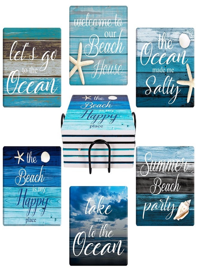 Whaline Coaster for Drinks Set of 6 Farmhouse Style Absorbent Square Coasters Summer Beach Drink Coaster Blue Ocean Party Ceramic Coaster for Mugs Cups Home Kitchen Party Supplies, 3.9 x 3.9 inch - Image 1