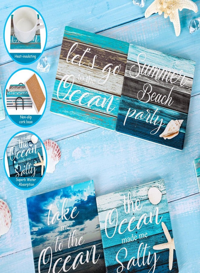 Whaline Coaster for Drinks Set of 6 Farmhouse Style Absorbent Square Coasters Summer Beach Drink Coaster Blue Ocean Party Ceramic Coaster for Mugs Cups Home Kitchen Party Supplies, 3.9 x 3.9 inch - Image 3