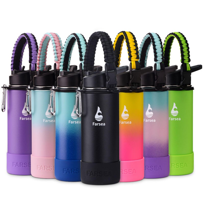 Farsea Insulated Water Bottle With Paracord Handle Protective Boot and 2 Lids Straw Lid  Spout Lid Stainless Steel Water Bottle Wide Mouth Double Wall SweatProof BPAFree 18 oz