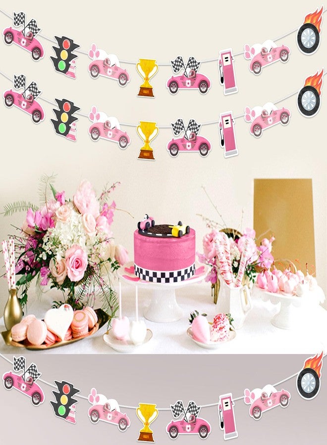 Balterever Racing Car Banner Decorations for Girls Retro Pink Racing Car Party Banner Garland Vintage Two Fast Party Birthday Supplies Baby Shower Decor - Image 2