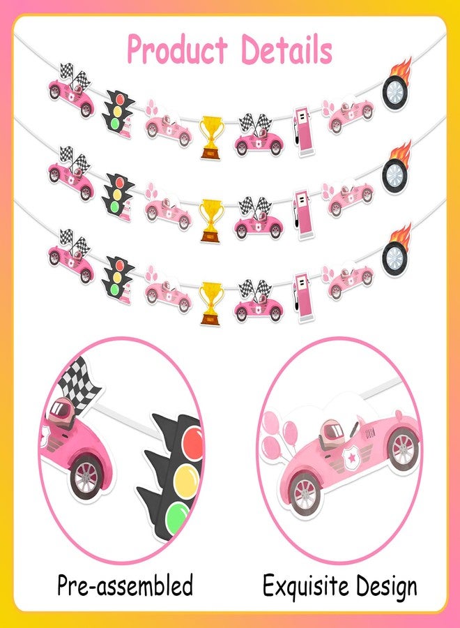 Balterever Racing Car Banner Decorations for Girls Retro Pink Racing Car Party Banner Garland Vintage Two Fast Party Birthday Supplies Baby Shower Decor - Image 5