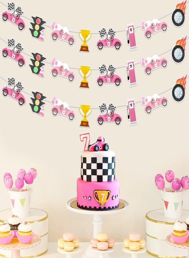 Balterever Racing Car Banner Decorations for Girls Retro Pink Racing Car Party Banner Garland Vintage Two Fast Party Birthday Supplies Baby Shower Decor - Image 3
