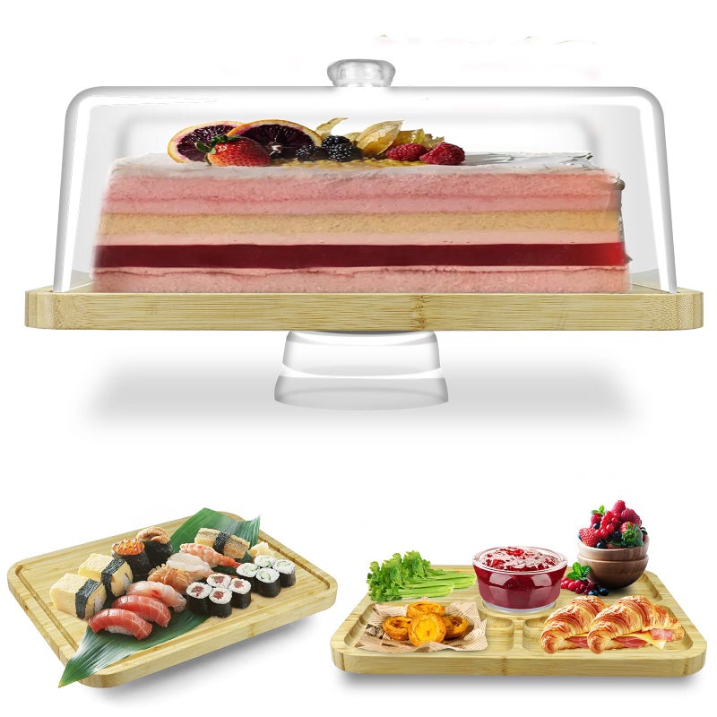 Cutesun Bamboo Wood Cake Stand with Lid - Rectangular Cake Holder, 16'' 2-in-1 Dessert Table Display Set & Charcuterie Board for Cheese, Chips, Fruit Platter, Large/big Acrylic Cake Dome Cover, Natural - Image 1