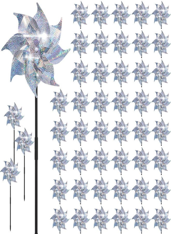 Qualirey 48 Pack Reflective Pinwheels with Stakes Sparkly Pinwheels for Yard and Garden Windmill Wind Spinners Efficiency Reflective Material Deterrents Keep Birds Away Garden Yard Lawn (Silver) - Image 1