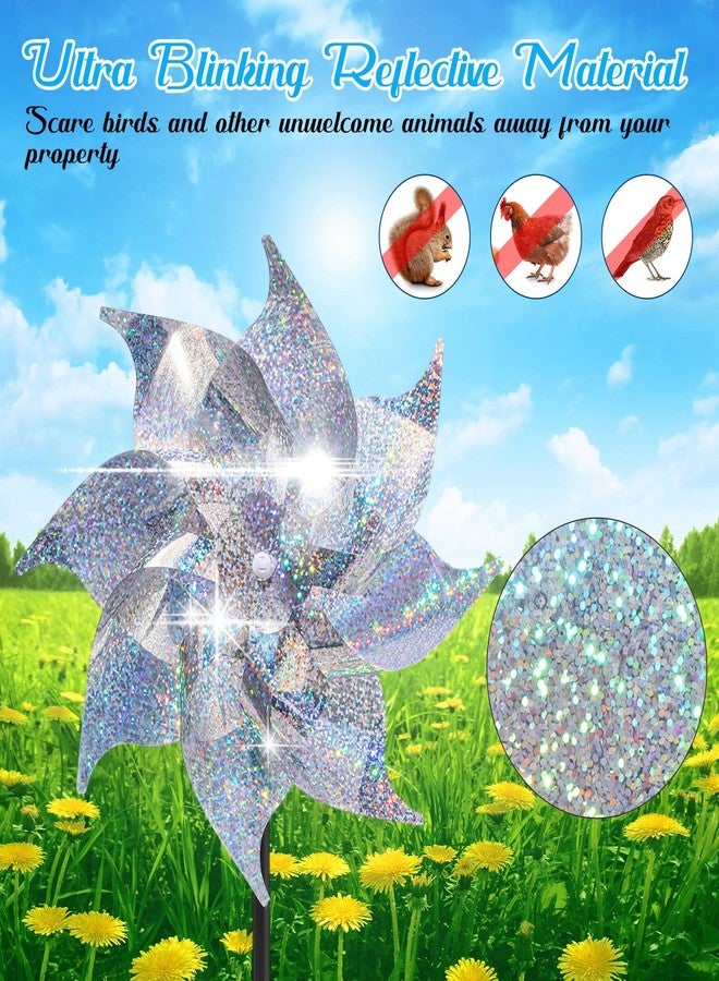 Qualirey 48 Pack Reflective Pinwheels with Stakes Sparkly Pinwheels for Yard and Garden Windmill Wind Spinners Efficiency Reflective Material Deterrents Keep Birds Away Garden Yard Lawn (Silver) - Image 5