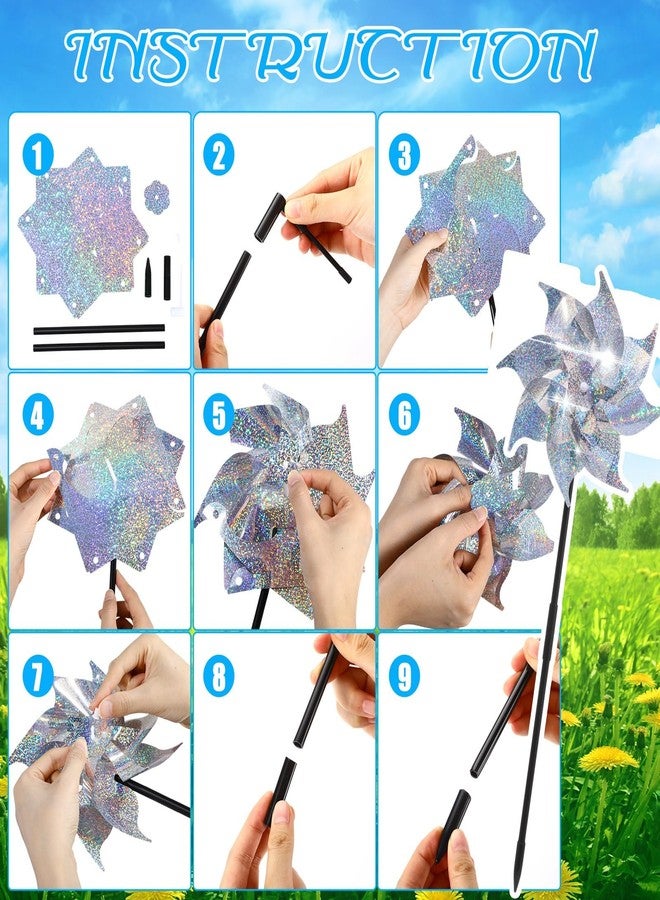 Qualirey 48 Pack Reflective Pinwheels with Stakes Sparkly Pinwheels for Yard and Garden Windmill Wind Spinners Efficiency Reflective Material Deterrents Keep Birds Away Garden Yard Lawn (Silver) - Image 2