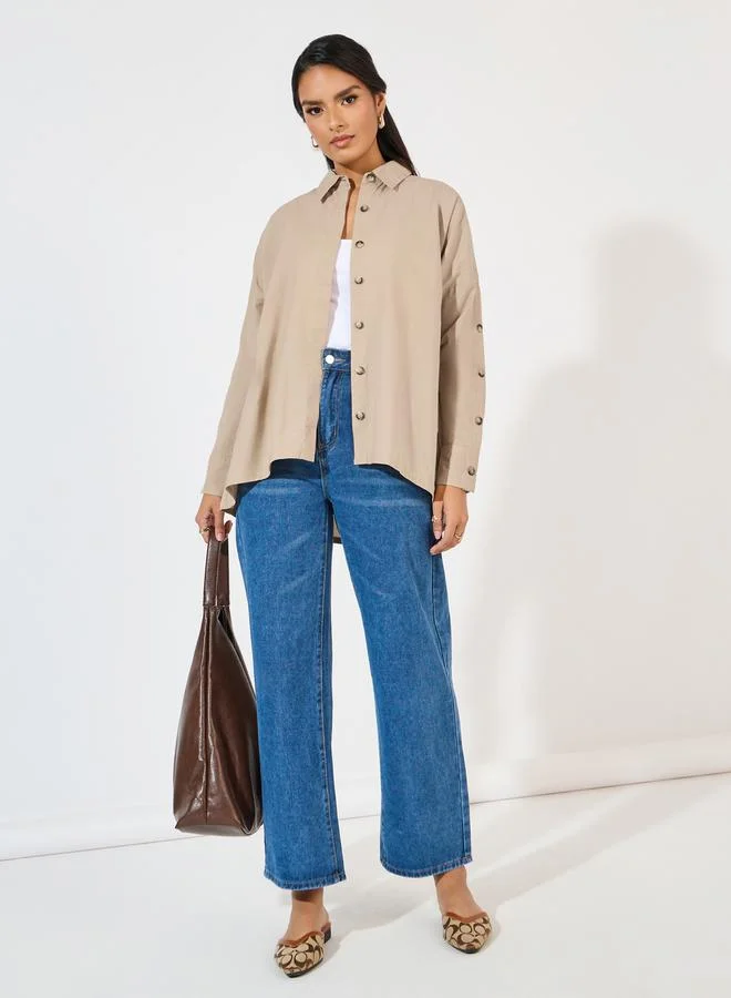 Styli Oversized Longline Poplin Shirt with Button Accent