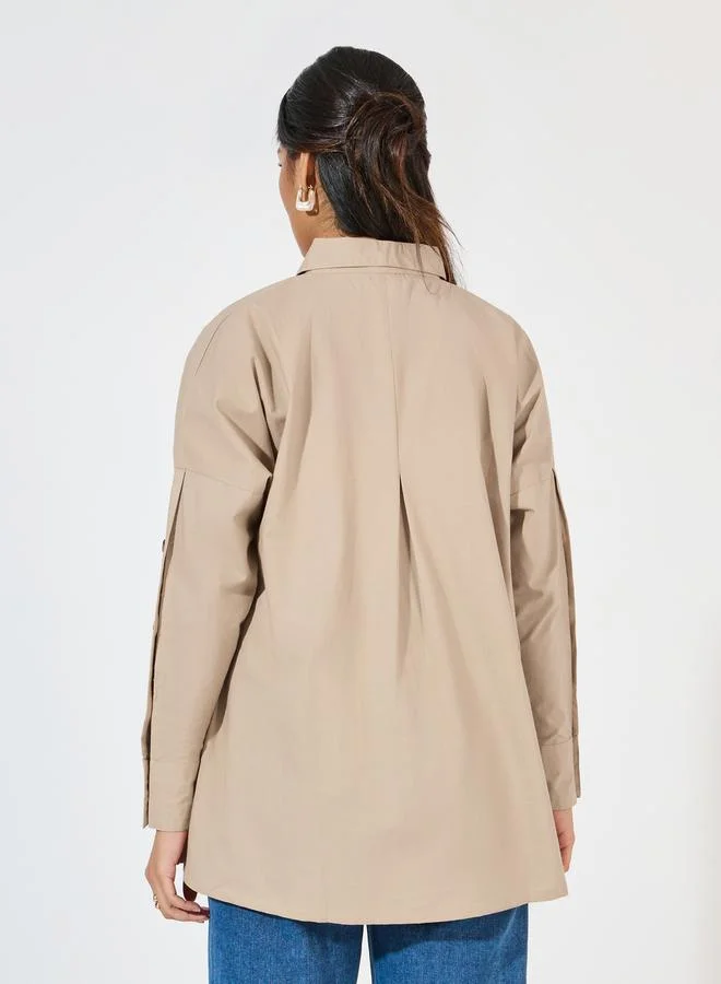 Styli Oversized Longline Poplin Shirt with Button Accent
