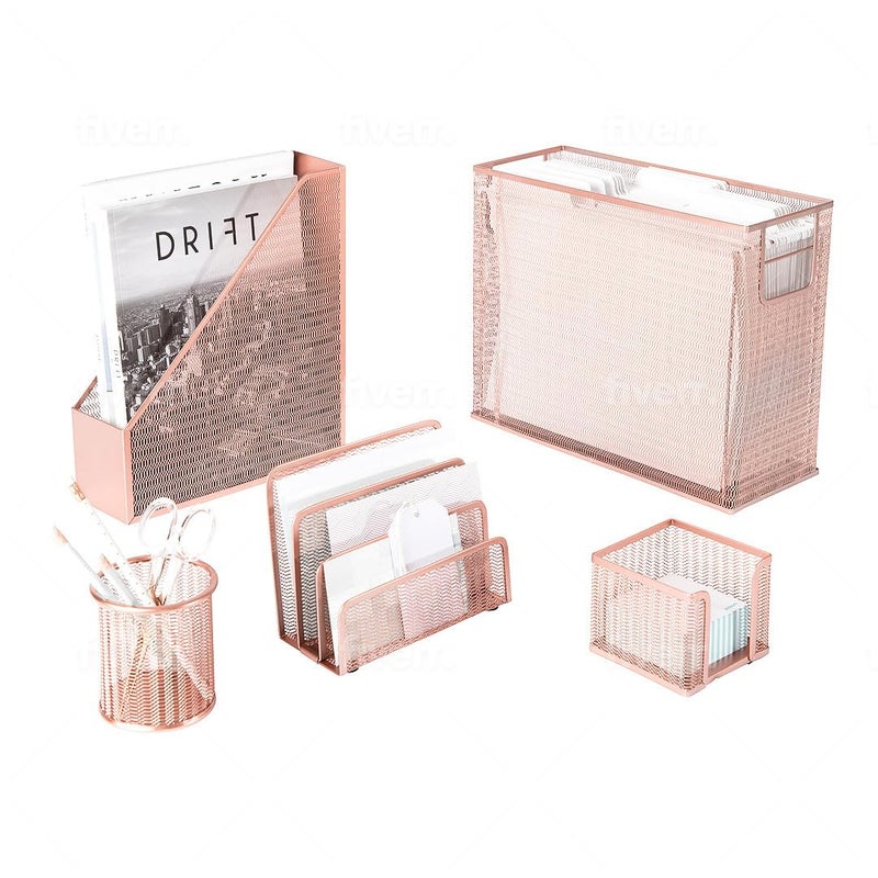 BLU MONACO 5 Piece Cute Office Supplies Rose Gold Desk Organizer Set with Desktop Hanging File Organizer Magazine Holder Pen Cup Sticky Note Holder Letter sorter Rose Gold Desk Accessories