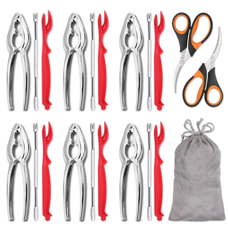 Hiware 20-piece Seafood Tools Set includes 6 Crab Crackers, 6 Lobster Shellers, 6 Crab Leg Forks/Picks and 2 Seafood Scissors & Storage Bag - Nut Cracker Set - Image 1