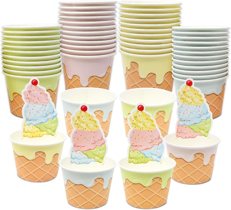 Gift Boutique هدايا بوتيك 60 كوب آيس كريم مخروطية 10 أونص disposable ورق كوب حلوى أطباق سونداي مجمدة وردي أزرق أصفر أخضر حفلات عيد الميلاد - Image 1