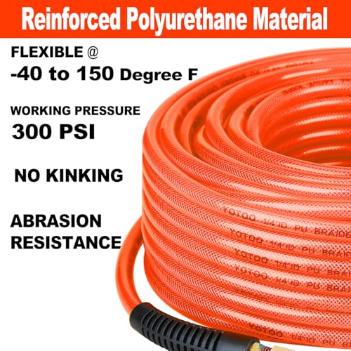 YOTOO Reinforced Polyurethane Air Hose 1/4" Inner Diameter by 100' Long, Flexible, Heavy Duty Air Compressor Hose with Bend Restrictor, 1/4" Swivel Industrial Quick Coupler and Plug, Red - Image 2