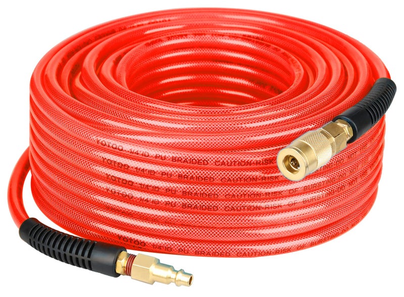 YOTOO Reinforced Polyurethane Air Hose 1/4" Inner Diameter by 100' Long, Flexible, Heavy Duty Air Compressor Hose with Bend Restrictor, 1/4" Swivel Industrial Quick Coupler and Plug, Red - Image 1
