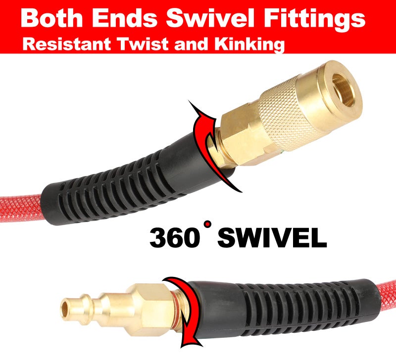 YOTOO Reinforced Polyurethane Air Hose 1/4" Inner Diameter by 100' Long, Flexible, Heavy Duty Air Compressor Hose with Bend Restrictor, 1/4" Swivel Industrial Quick Coupler and Plug, Red - Image 3