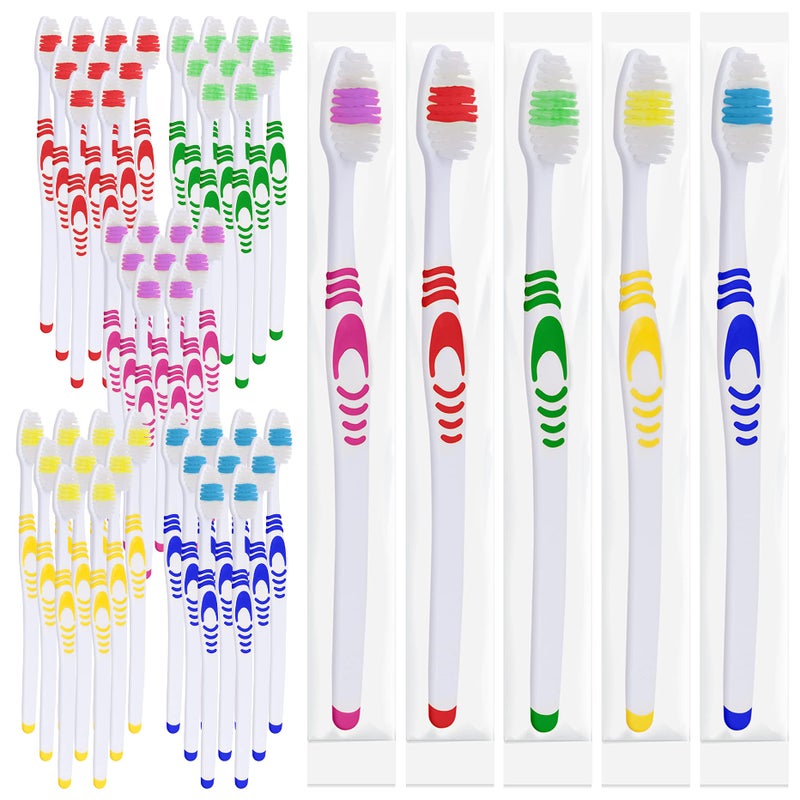 Lingito 50 Bulk Travel Toothbrushes, Individually Wrapped Portable, Manual Disposable Set for Adults and Children, Multi Color Kit (Medium Bristle) - Image 1