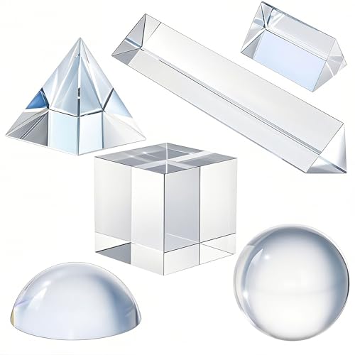 QFkris 6 Pack K9 Optical Crystal Photography Prism Set Include 50mm Crystal Ball CubeOptical Pyramid 50mm 150mm Triangular Prism60mm Dome Magnifying with Cloth for Teaching Playing - Image 1