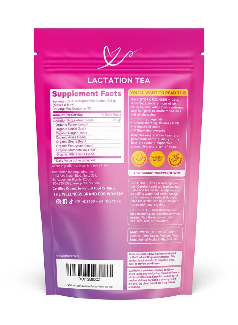 Pink Stork Lactation Tea Fennel, Fenugreek + More 15 Sachets Net Wt 1.3 Oz (37.5G) Smooth Vanilla Flavor Dietary Supplement Usda Organic Women Owned, Smooth Vanilla Flavor - Image 2