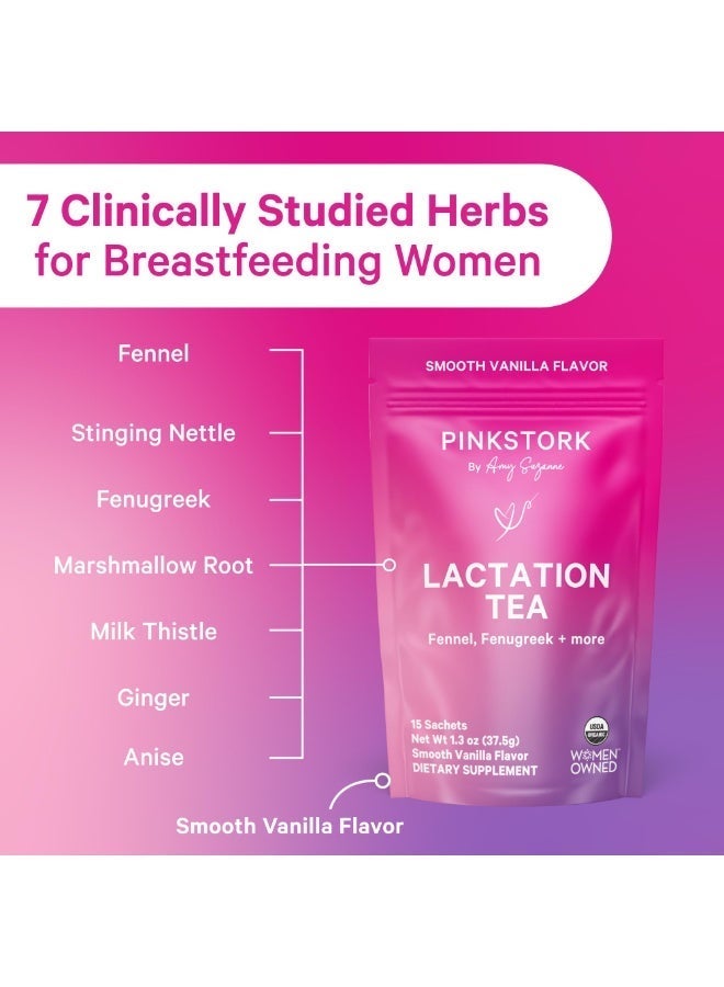 Pink Stork Lactation Tea Fennel, Fenugreek + More 15 Sachets Net Wt 1.3 Oz (37.5G) Smooth Vanilla Flavor Dietary Supplement Usda Organic Women Owned, Smooth Vanilla Flavor - Image 3