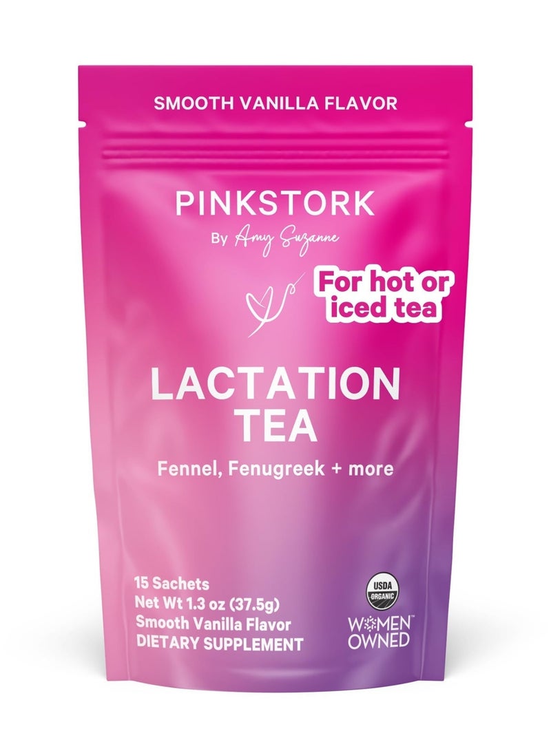 Pink Stork Lactation Tea Fennel, Fenugreek + More 15 Sachets Net Wt 1.3 Oz (37.5G) Smooth Vanilla Flavor Dietary Supplement Usda Organic Women Owned, Smooth Vanilla Flavor - Image 1
