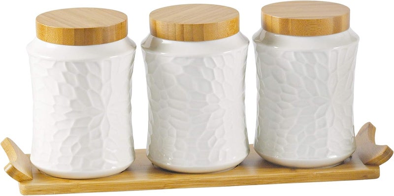Shallow Porcelain 3-Piece Canister Set with Bamboo Stand, White & Brown Ceramic Kitchen Storage Jars with Bamboo Lids, 39 x 11.5 x 16 cm, Tea Coffee Sugar Container Set - Image 1