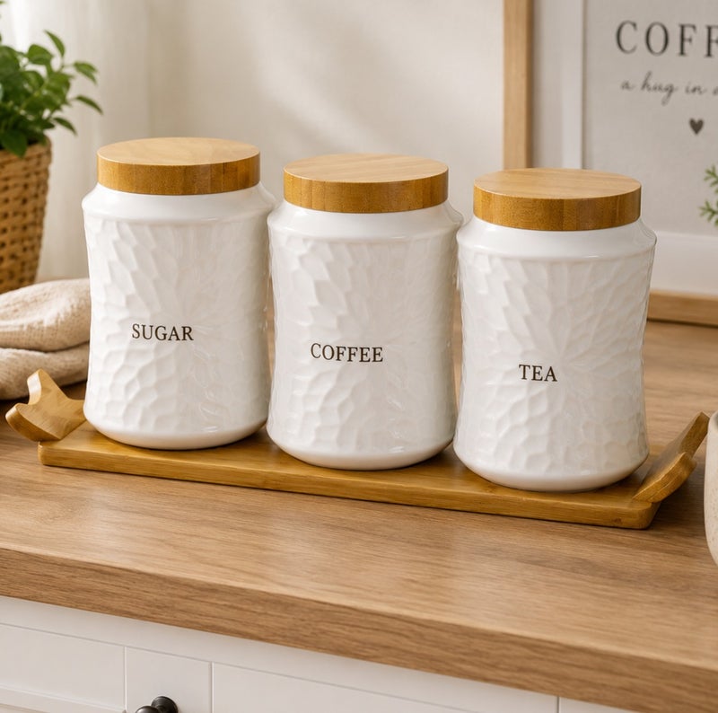 Shallow Porcelain 3-Piece Canister Set with Bamboo Stand, White & Brown Ceramic Kitchen Storage Jars with Bamboo Lids, 39 x 11.5 x 16 cm, Tea Coffee Sugar Container Set - Image 3